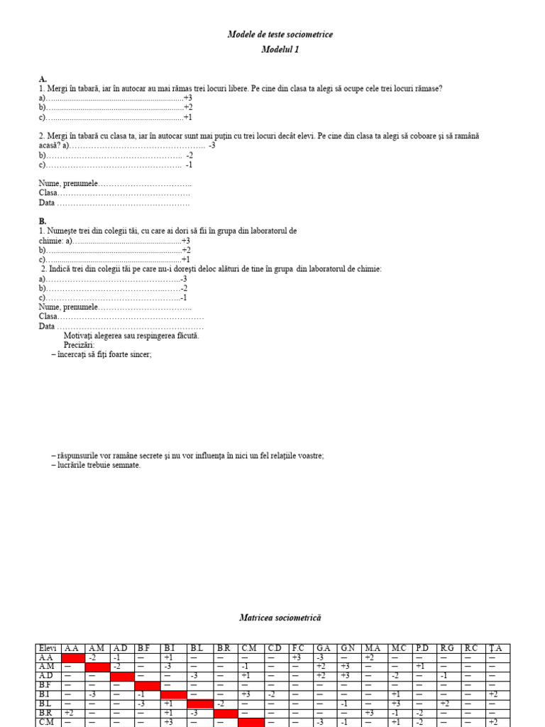 Modele de Teste Sociometrice | PDF
