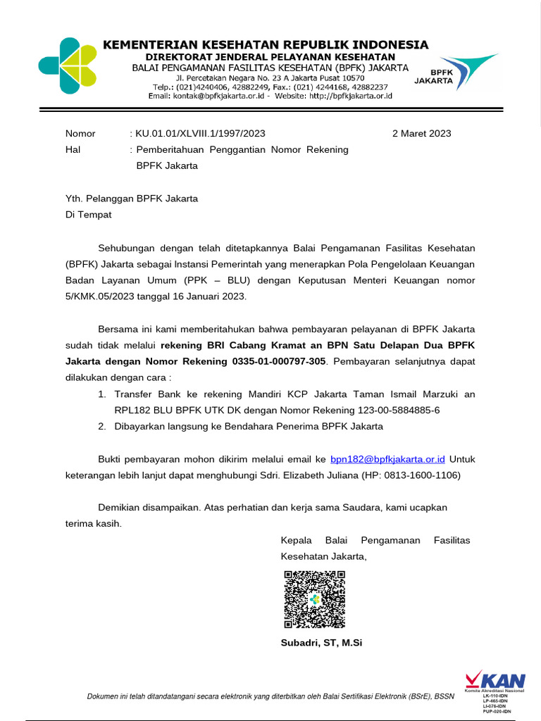 Pemberitahuan Rekening Baru BPFK Jakarta | PDF
