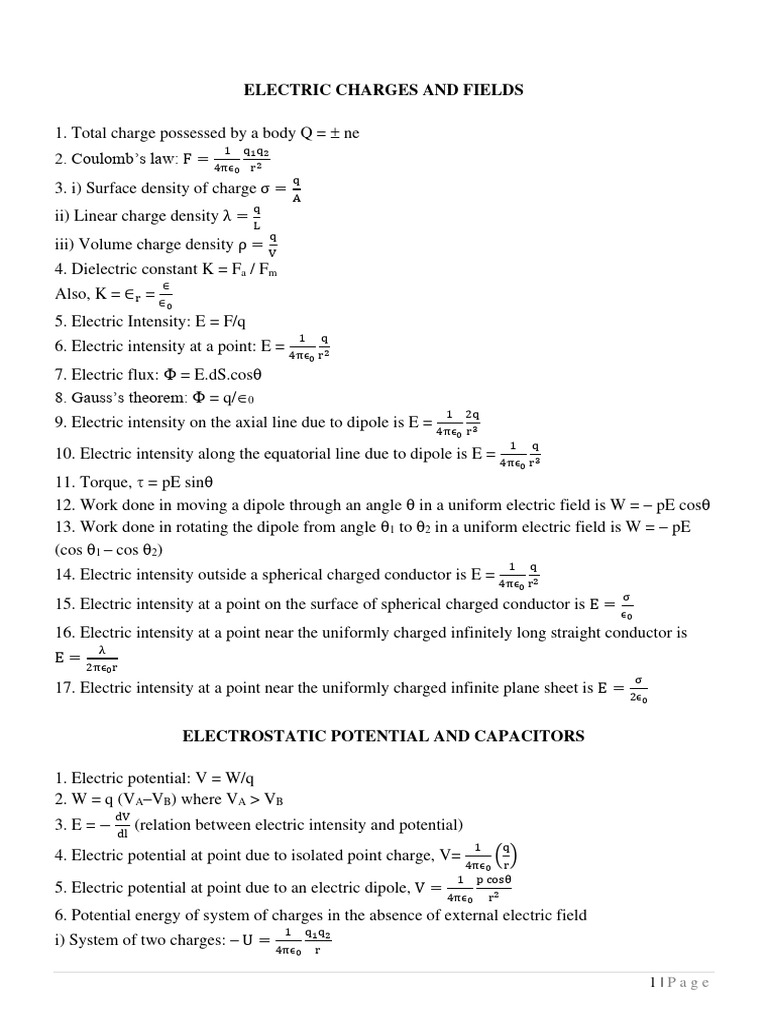 Formula For Physics Class 12 PDF Field Angular Resolution