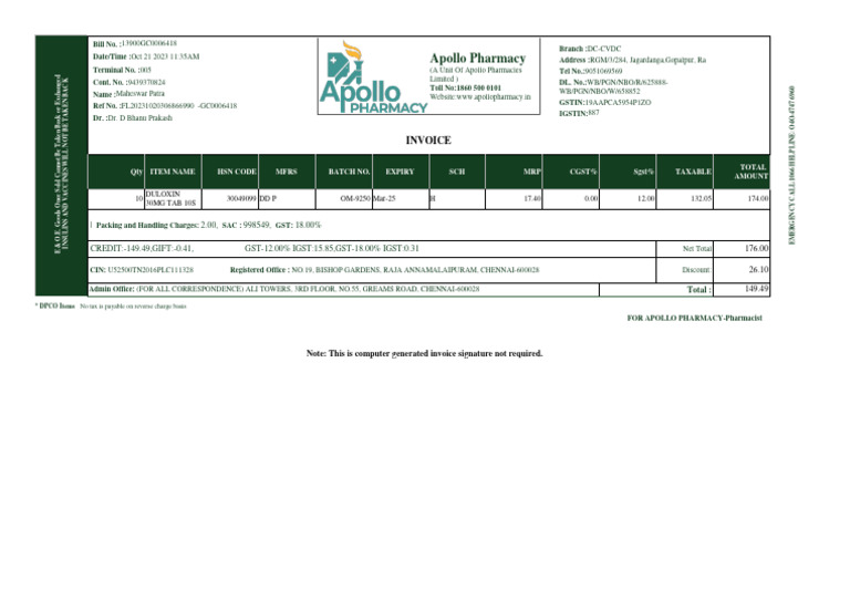 Apollo Medicine InvoiceNov 30 2023 11 11 | PDF | Public Finance | Sales