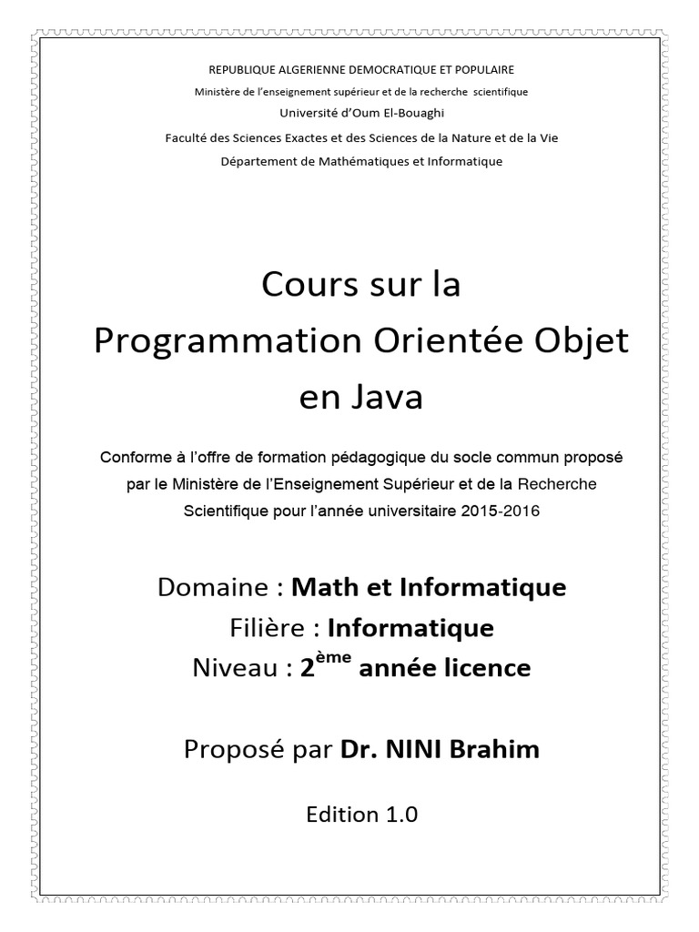 Cours de POO en Java pour Licence 2 | PDF | Programmation orientée ...