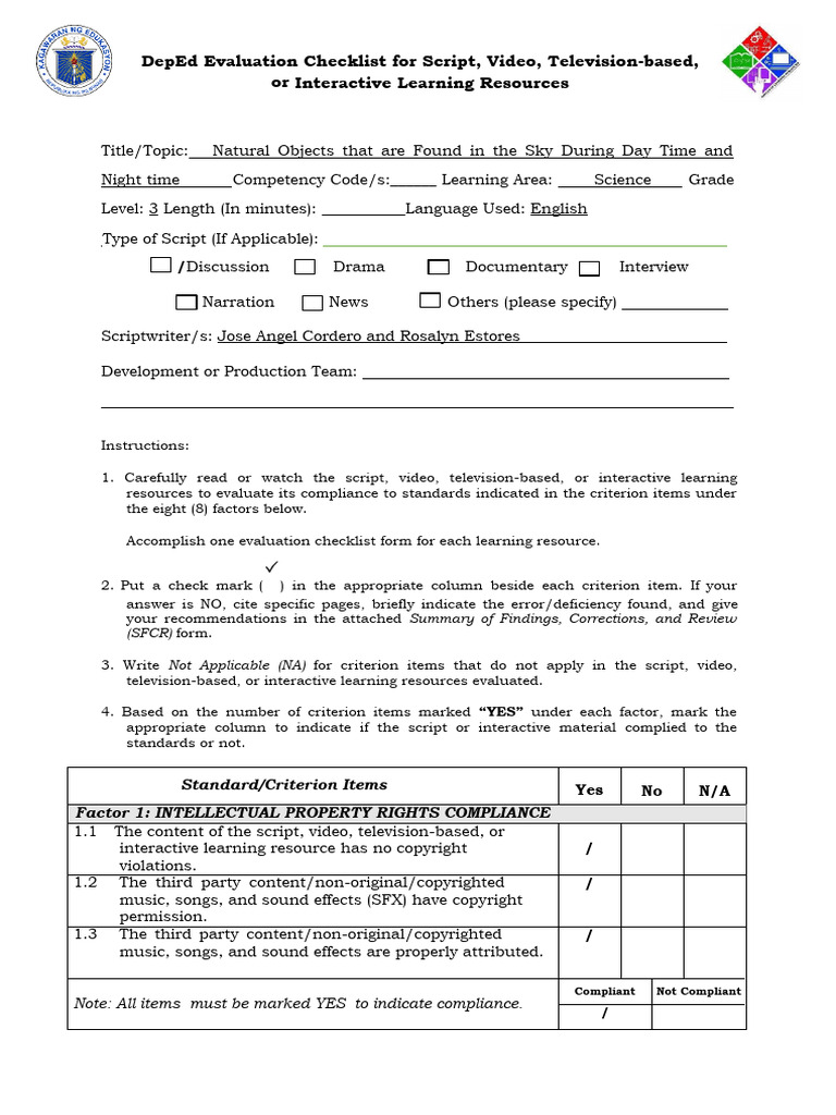 DepEd Evaluation Checklist Tool For Script Video Television Based