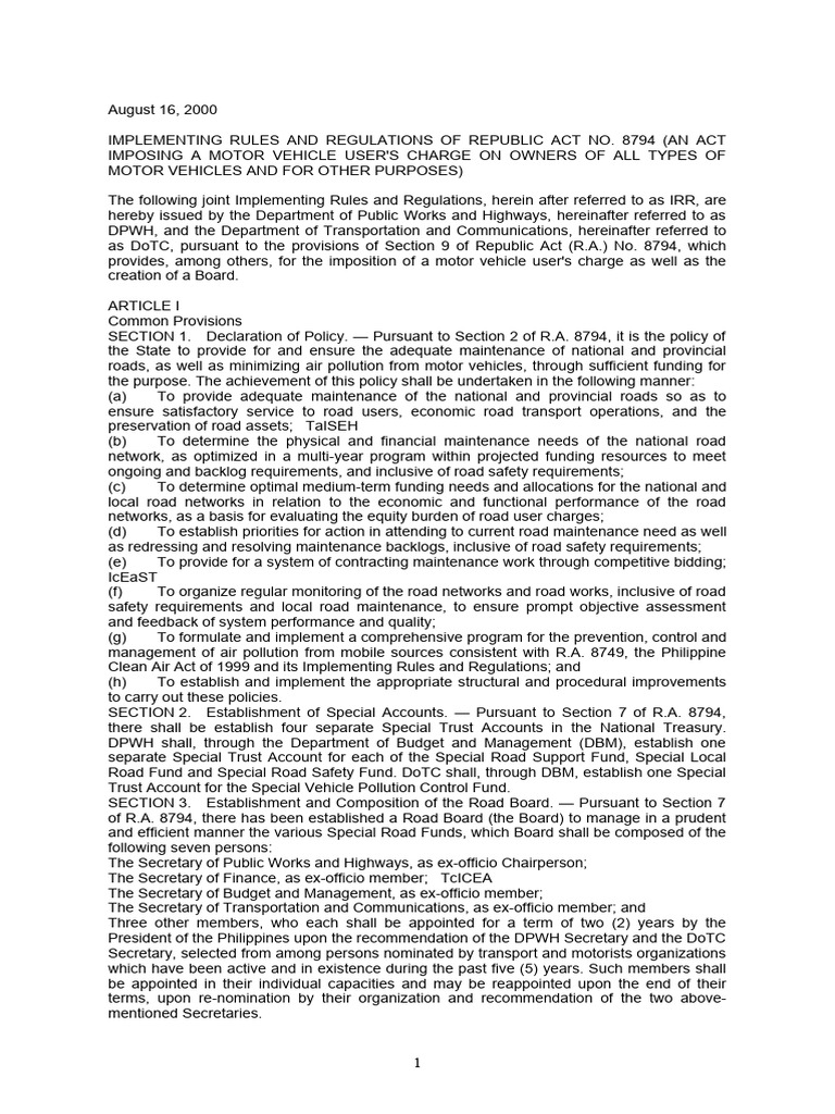 Irr of Ra 8794 Motor Vehicle Users Charge PDF Road Traffic
