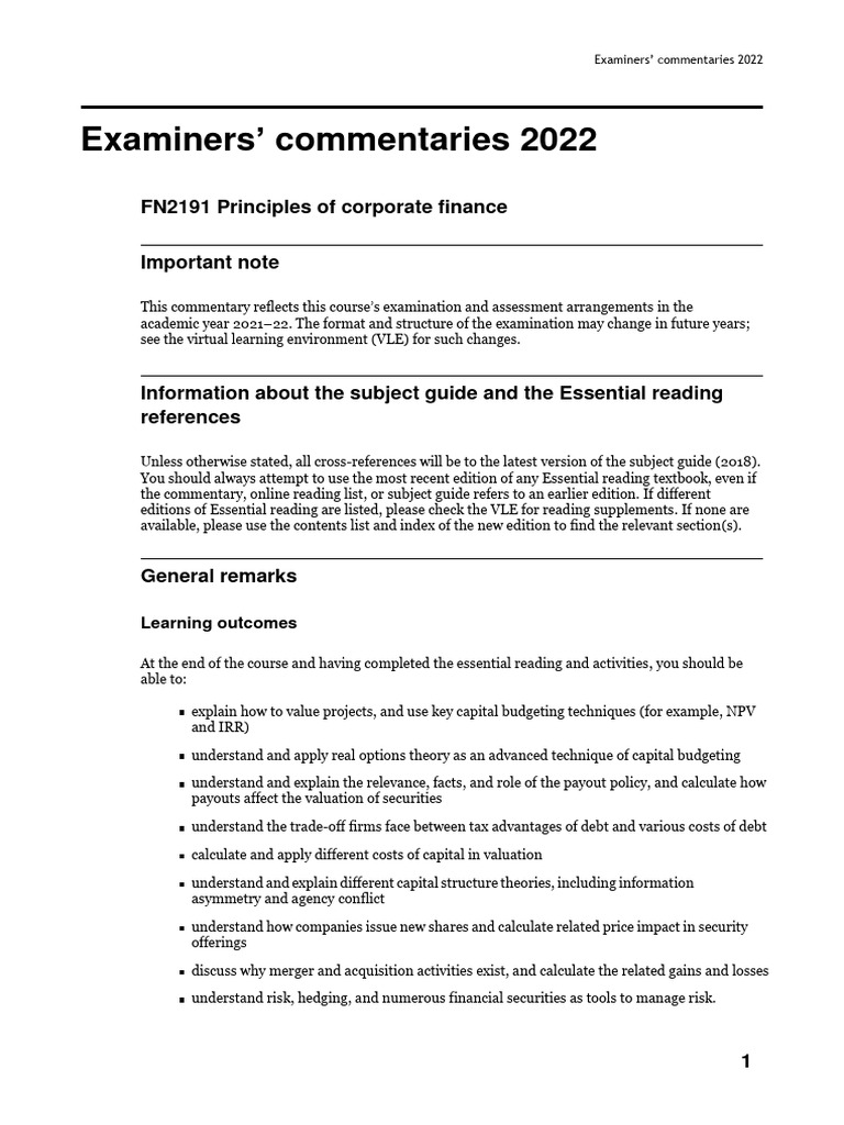 FN2191 Corporate Finance Exam Insights | PDF | Dividend | Mergers And ...
