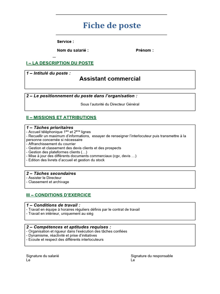 Fiche de Poste : Assistant Commercial | PDF