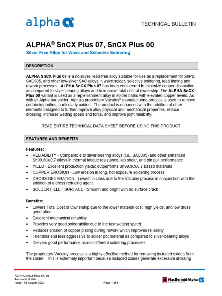 ALPHA SnCXPlus 07 00 Solid Solder EN 05aug22 TB | PDF | Solder | Soldering