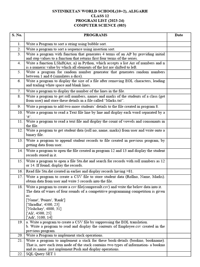 Practical List Class 12 | PDF | Computer Program | Programming