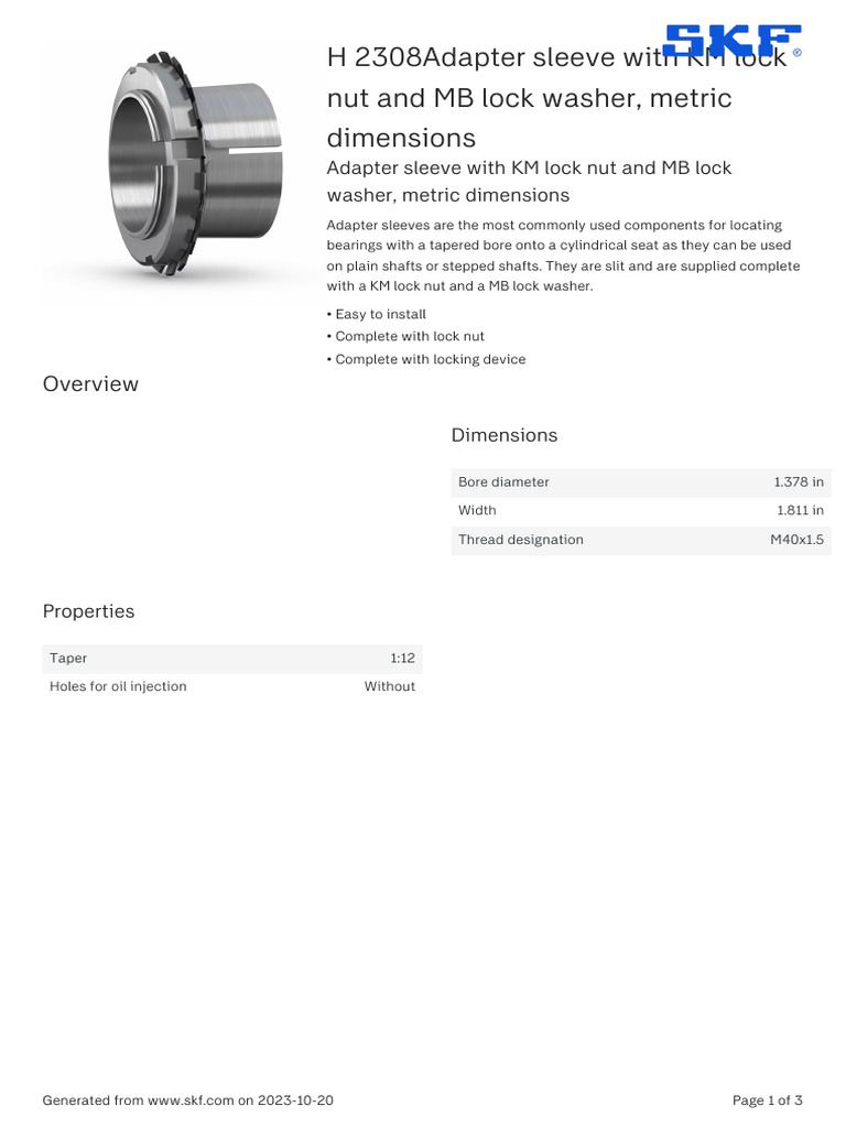 SKF H 2308adapter Sleeve With KM Lock Nut and MB Lock Washer, Metric