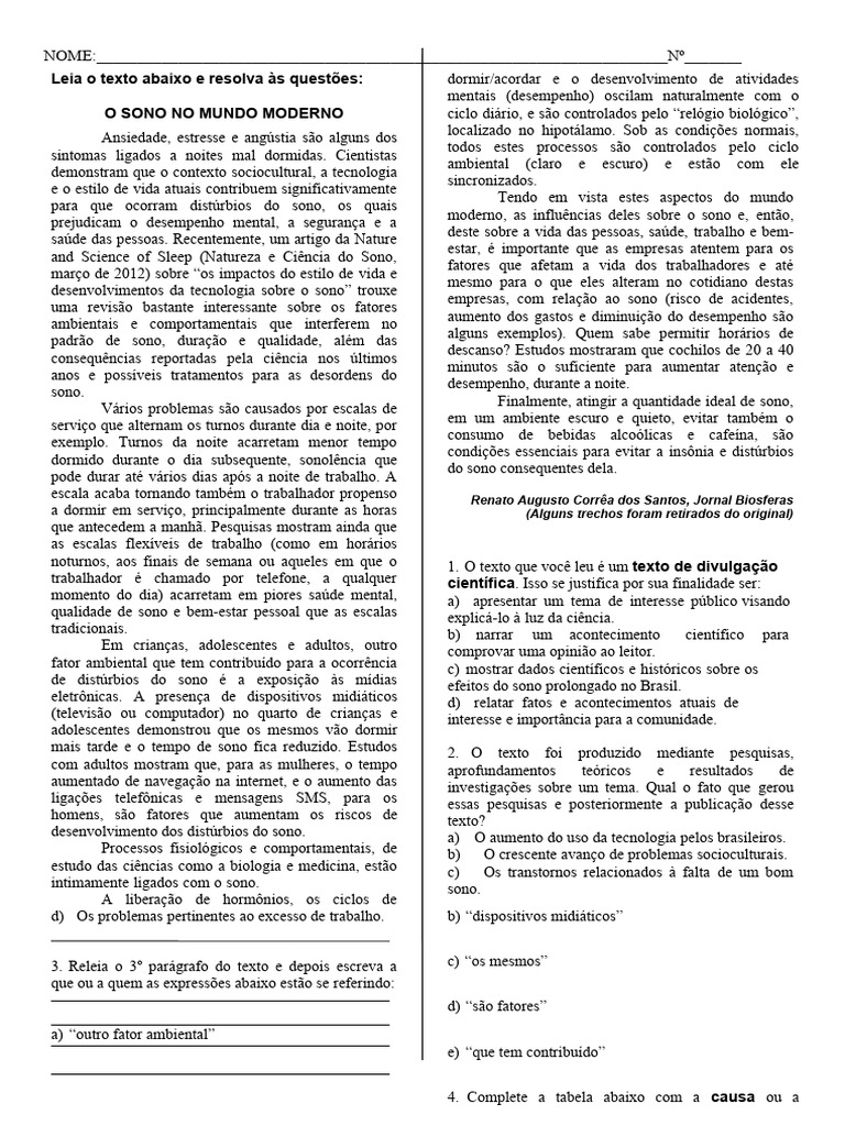 Texto de Divulgação Científica, Atividade | PDF | Dormir | Science