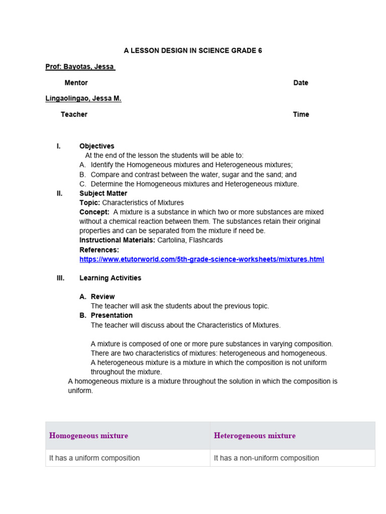 A Lesson Design in Science Grade 6 | PDF | Mixture | Homogeneity And ...