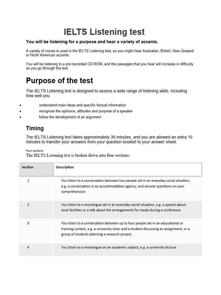 IELTS Listening Test Overview | PDF | International English Language ...