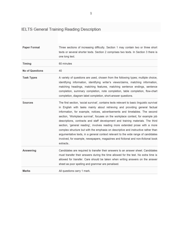 IELTS General Training Reading Description | PDF | Question ...