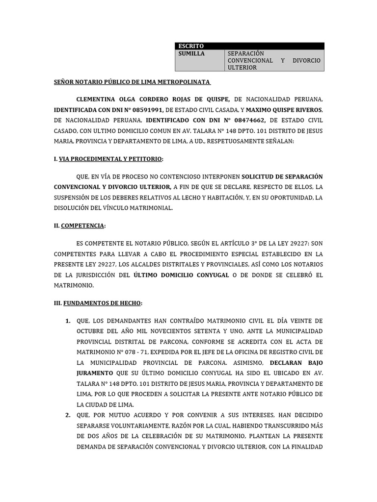 Modelo de Solicitud para Divorcio en Notaria | PDF | Divorcio | Matrimonio