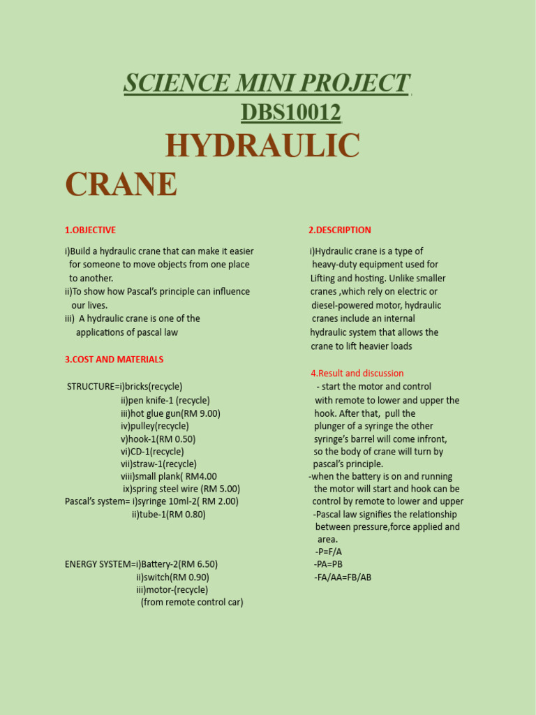 Sains Mini Project PDF Crane (Machine) Hydraulics