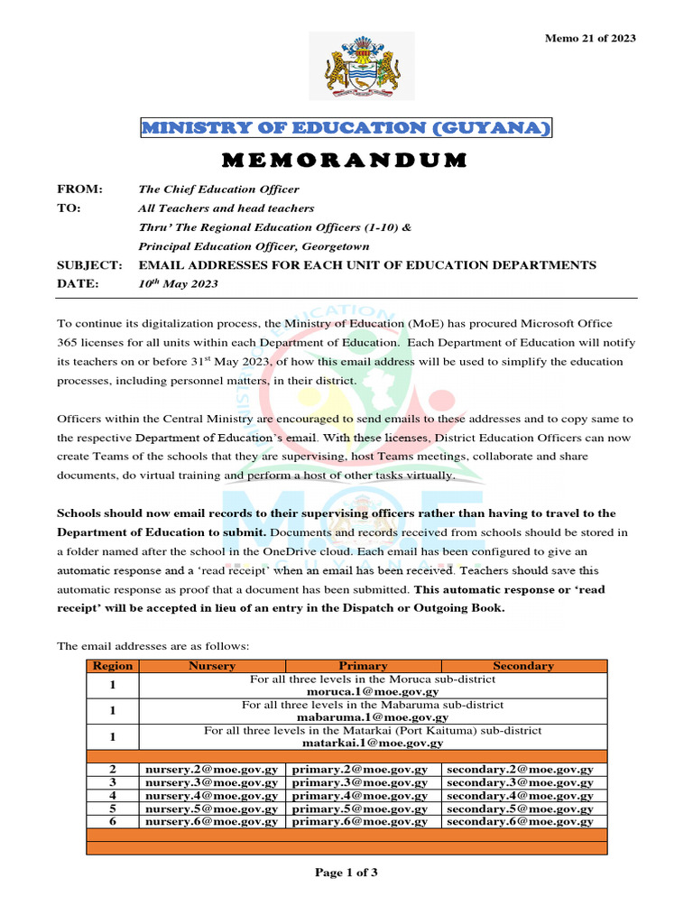 Memo 21 DeO Email Addresses Download Free PDF Computing