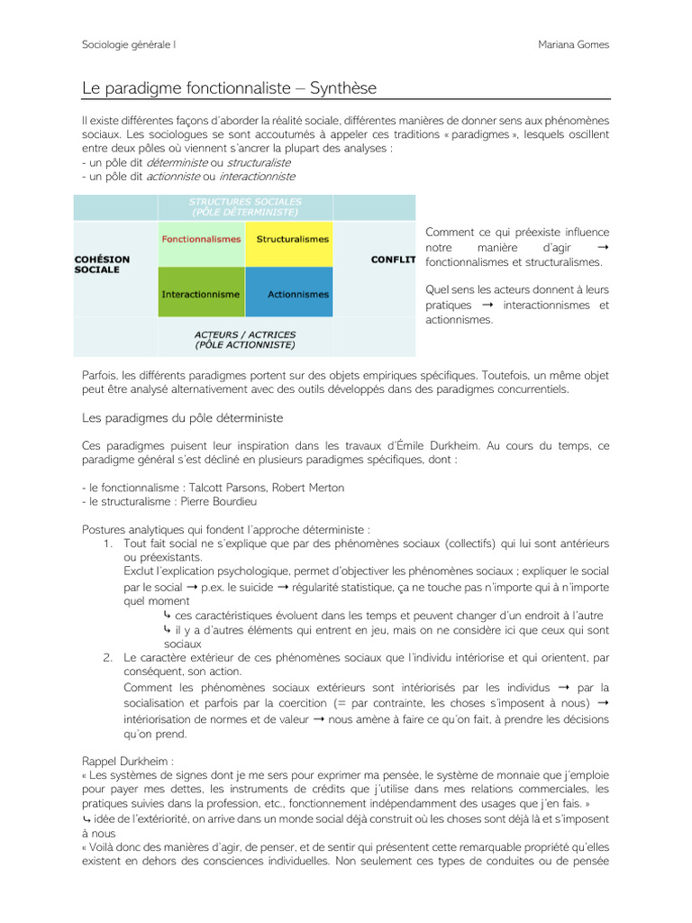 Paradigmes sociologiques : Fonctionnalisme et Structuralisme | PDF ...
