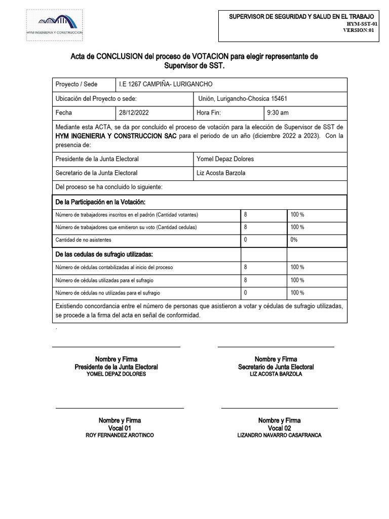 07 Modelo - Acta Conclusion Proceso de Votación | PDF | Votación ...