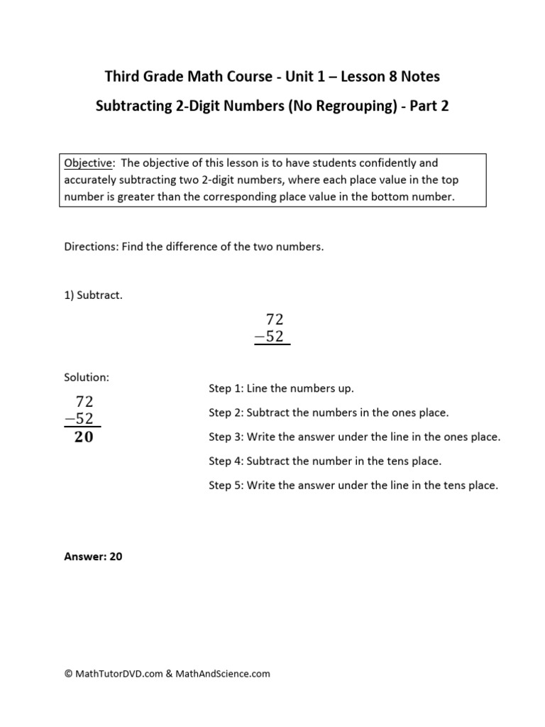 Third grade math course unit 1 lesson 8 notes subtracting 2 digit