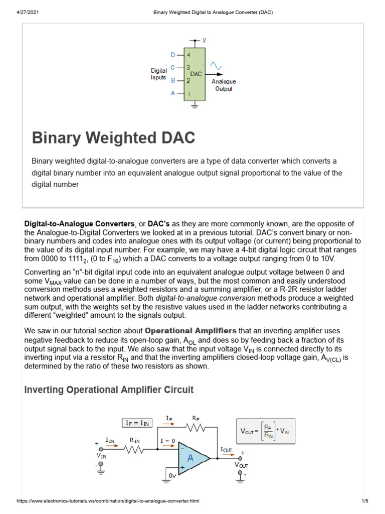 Binary Weighted Digital To Analogue Converter (DAC) PDF Amplifier Operational Amplifier