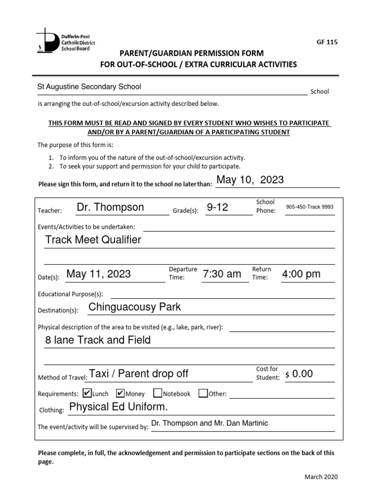 GF115 - Parent Permission For Out of School Activity May 11 | PDF | Risk