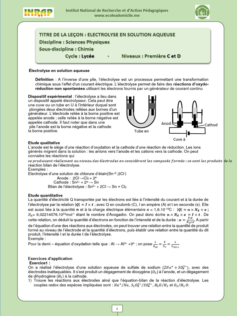 Electrolyse en Solution Aqueuse | PDF | Réaction d'oxydoréduction ...