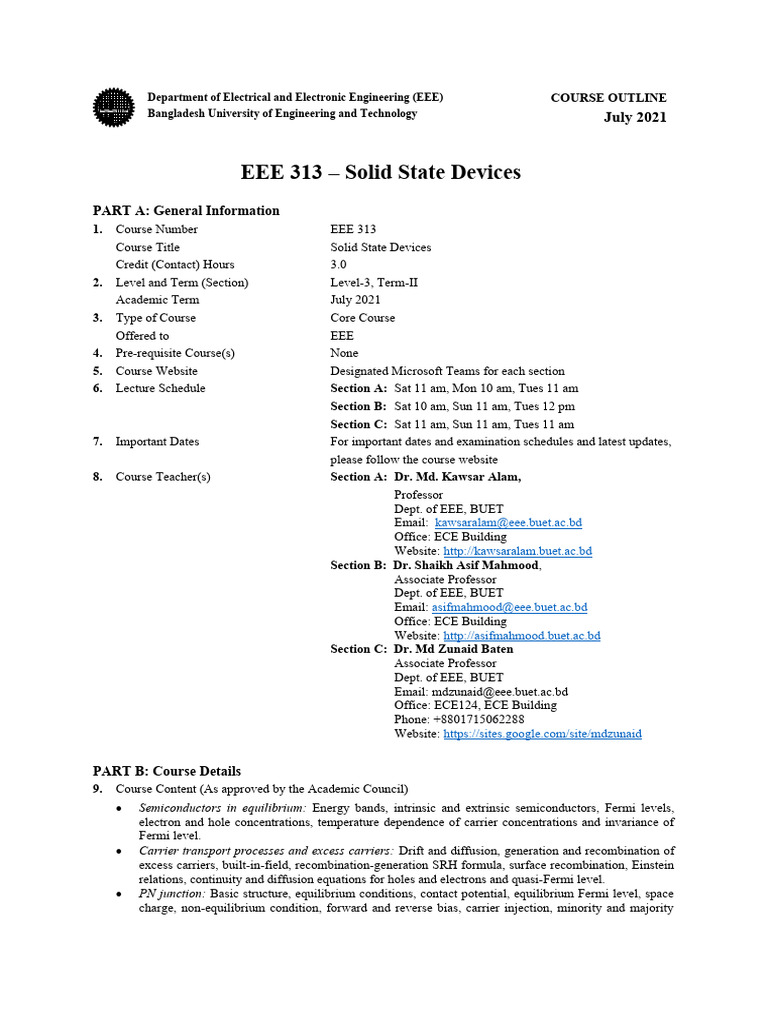 EEE 313 Solid State Devices Course Outline | PDF | Bipolar Junction ...