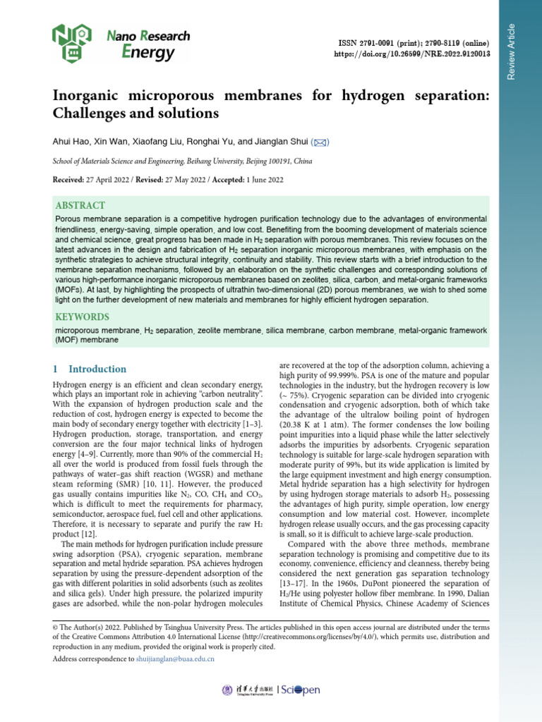 Inorganic Membranes for Hydrogen Separation | PDF | Adsorption | Zeolite
