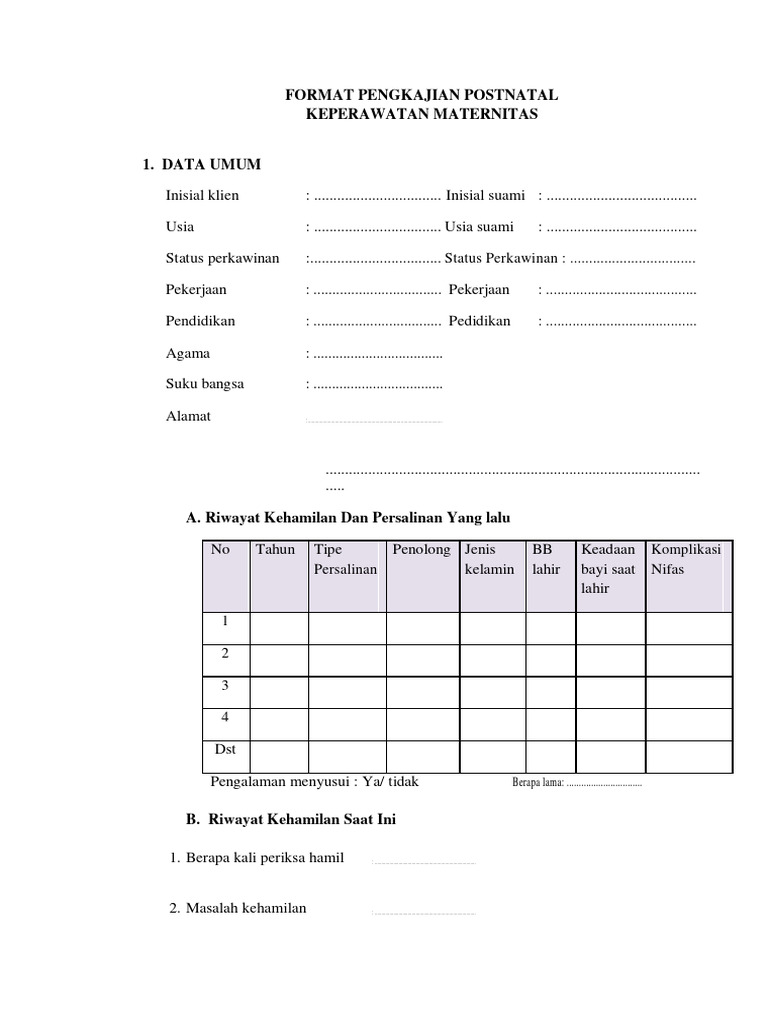 Format Pengkajian Postnatal | PDF