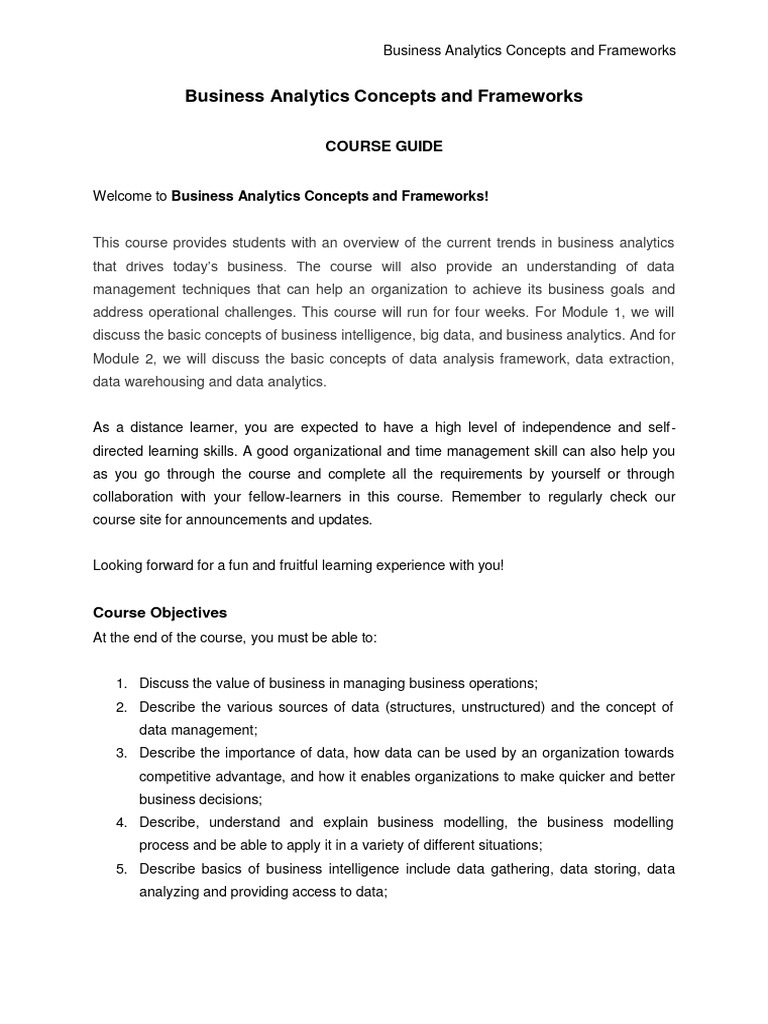 Business Analytics Concepts And Frameworks Course Guide Up Pdf