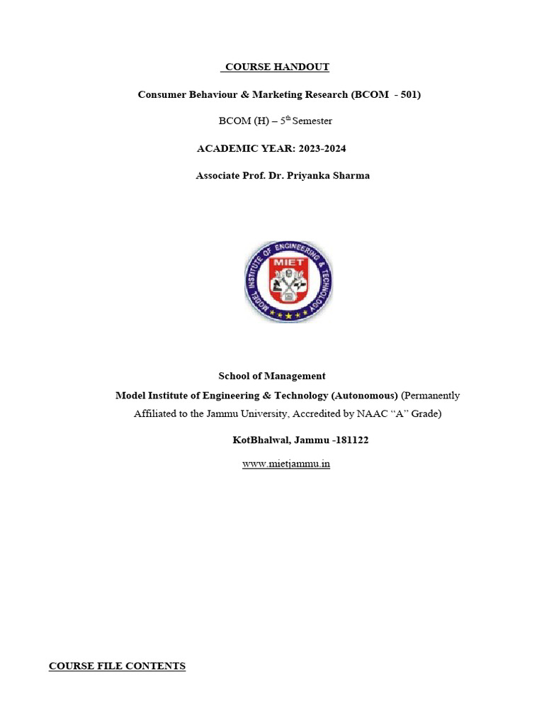 Course Handout CB & MR BCOM 501 | PDF | Behavior | Consumer Behaviour