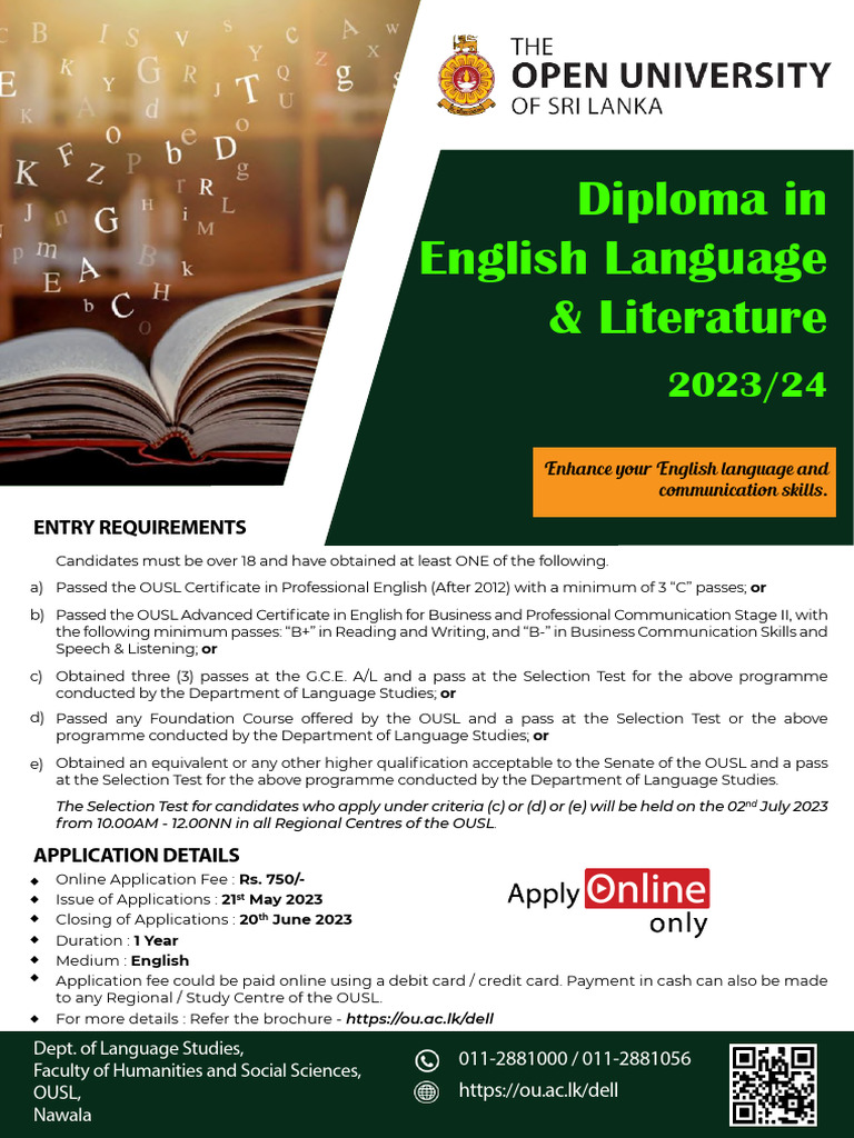 Diploma in English Language & Literature Entry Requirements PDF
