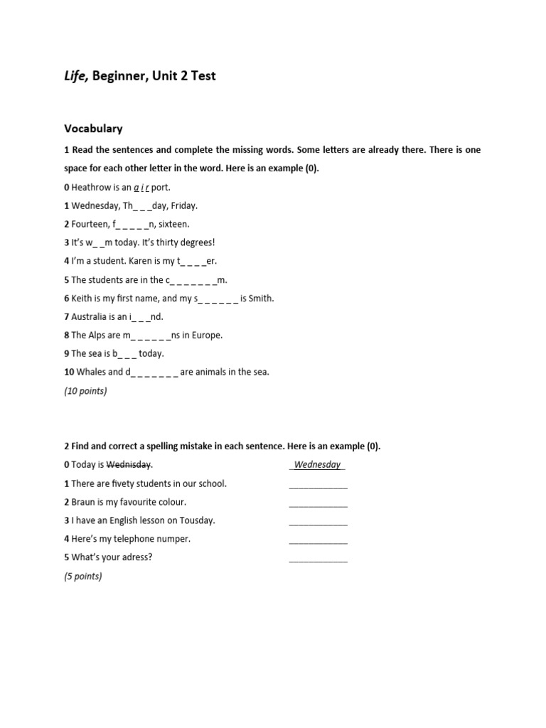 Beginner English Unit 2 Test | PDF | Linguistics | Human Communication
