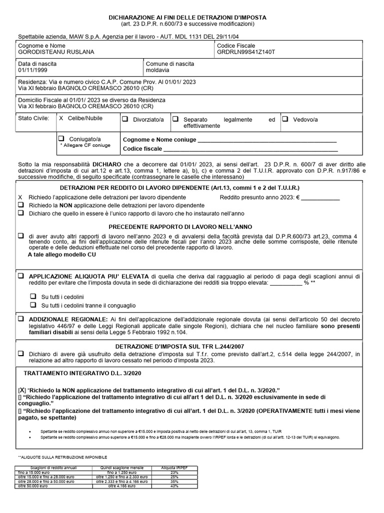 Modulo Detrazioni Agg. Aprile 2023 (ID Modello MIP 19-58) - 717352 | PDF