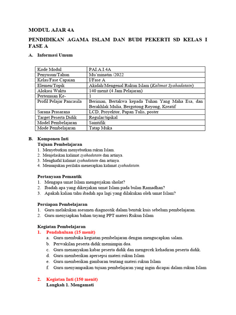 Modul PAI Kelas 1: Rukun Islam | PDF | Karier & Perkembangan