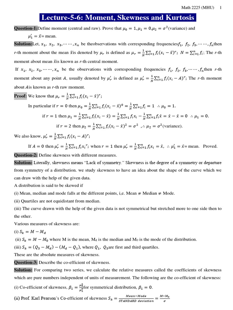 Moments, Skewness, and Kurtosis Explained | PDF | Skewness | Mode ...