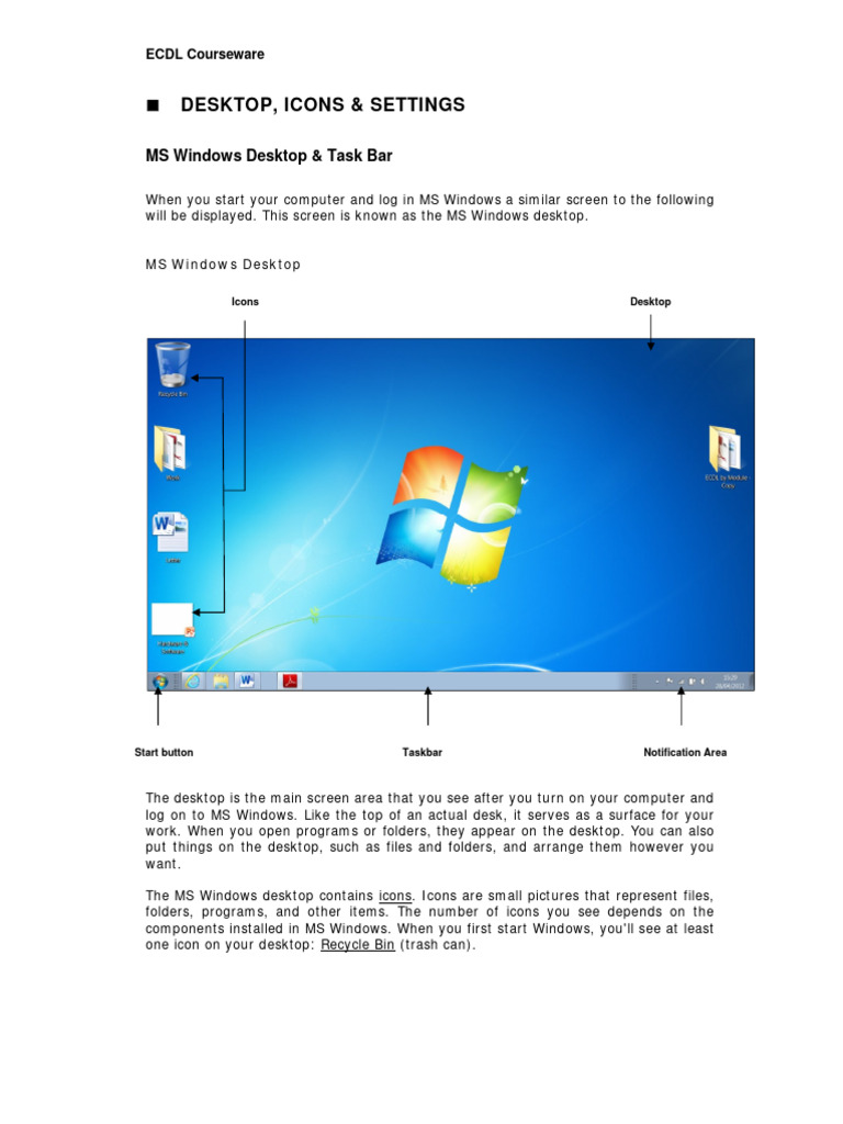 Understanding Desktop Icons and Taskbar | PDF | Window (Computing ...