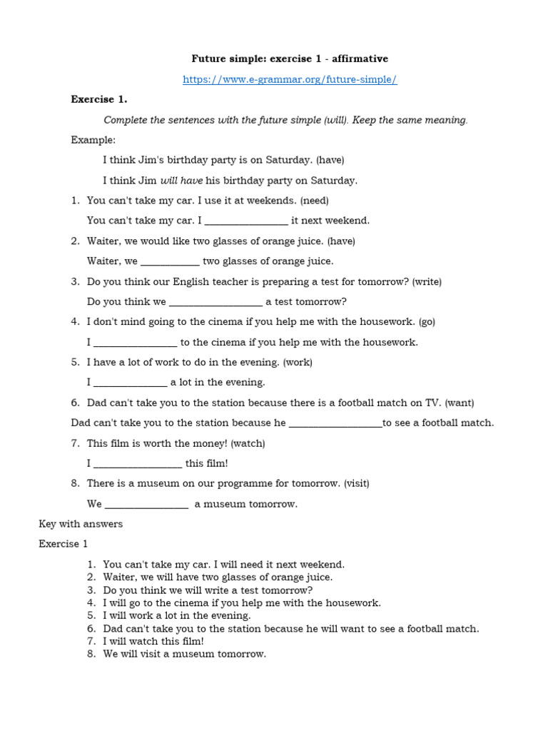 Future Simple Tense Exercises | PDF