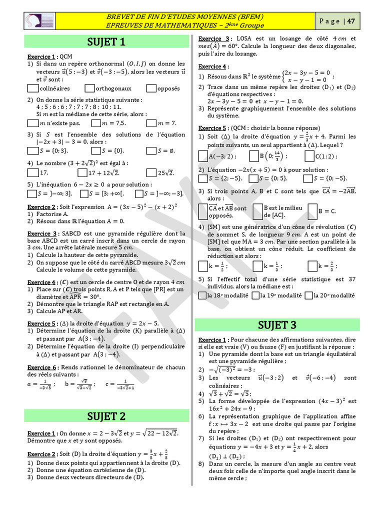 Épreuves de Maths BFEM 2ème Groupe | PDF | Cercle | Mathématiques