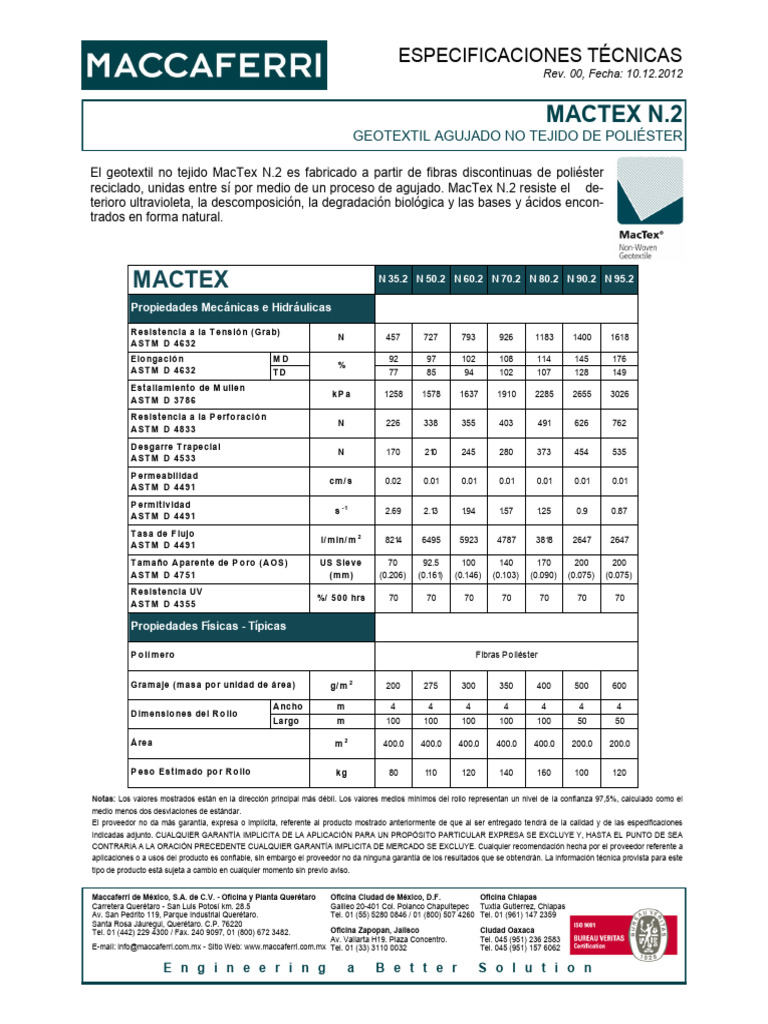 Especificaciones Geotextil MacTex N.2 | PDF | Sector secundario de la ...