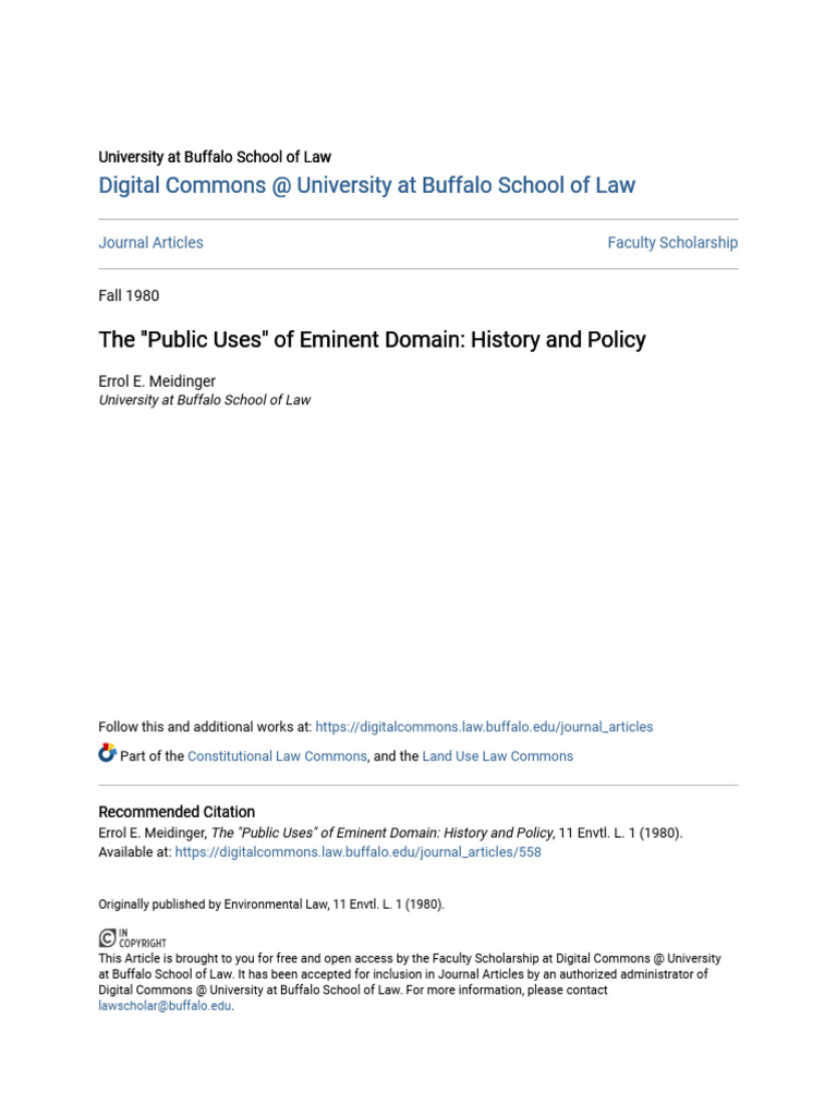 The Public Uses of Eminent Domain History and Policy PDF Eminent