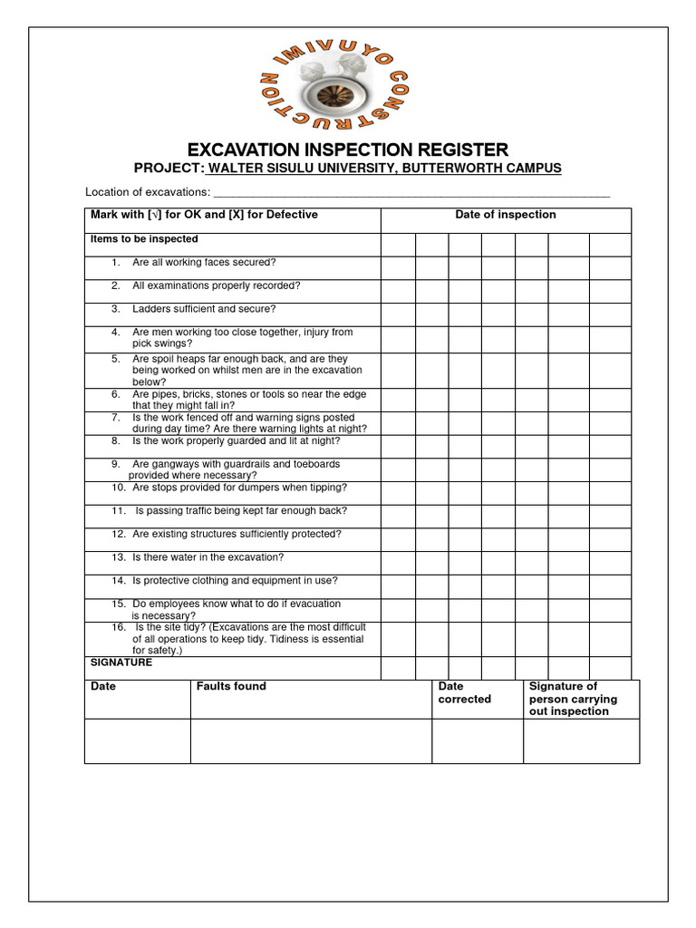 Excavation Inspection Register PDF