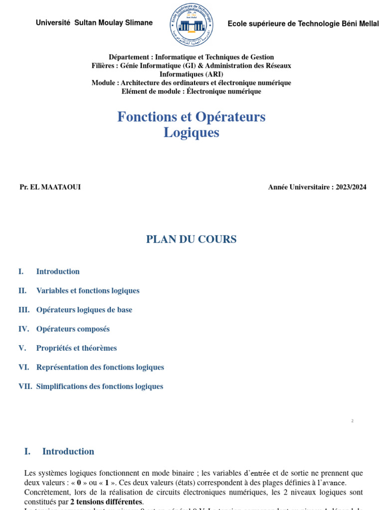 Fonctions et Opérateurs Logiques en Électronique | PDF | Algèbre de ...