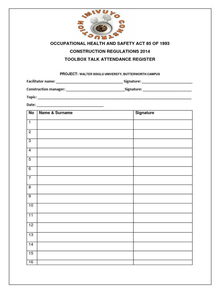 Toolbox Talk Attendance Register | PDF