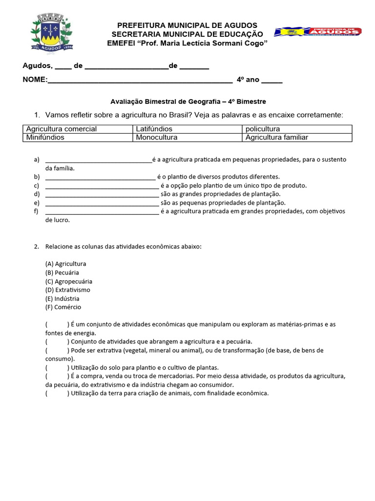 Avaliação de Geografia: Agricultura e Pecuária 4º Ano | PDF
