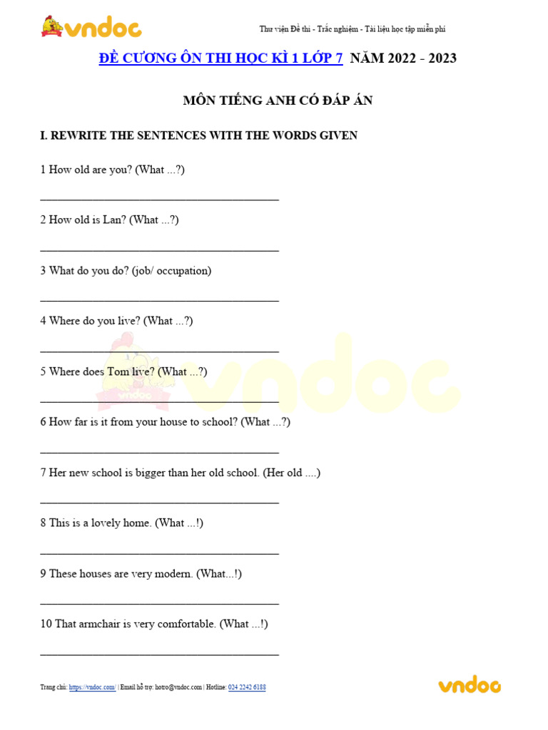 Bai Tap Viet Lai Cau Tieng Anh Lop 7 Co Dap An | PDF | Teaching Methods ...