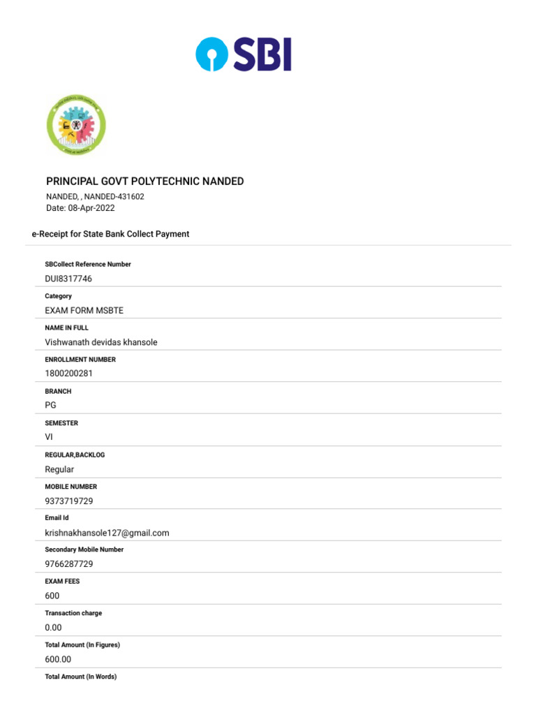 Exam Form Msbte e Recipt | PDF