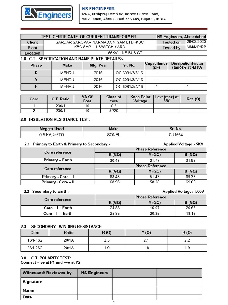 Current Transformer Test Certificate | PDF | Transformer | Electromagnetism