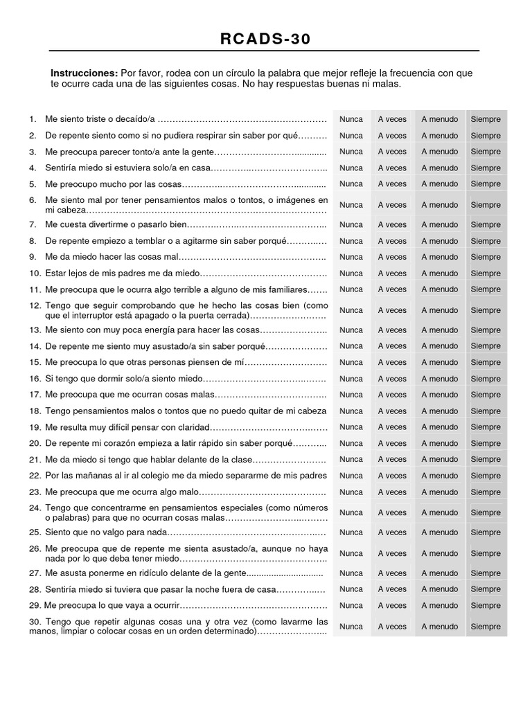 Escala RCADS-30 de Ansiedad Infantil | PDF | Hogar, jardinería y ...