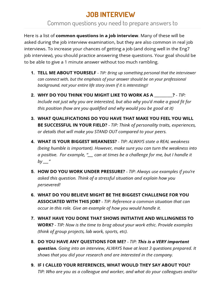 7 Common Questions Job Interview PDF Job Interview Cognition