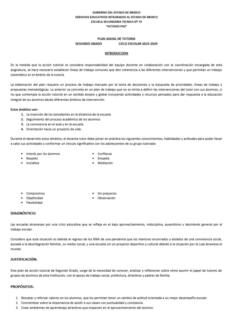 Plan de Tutoría Segundo Grado 2023-2024 | PDF | Maestros | Salón de clases